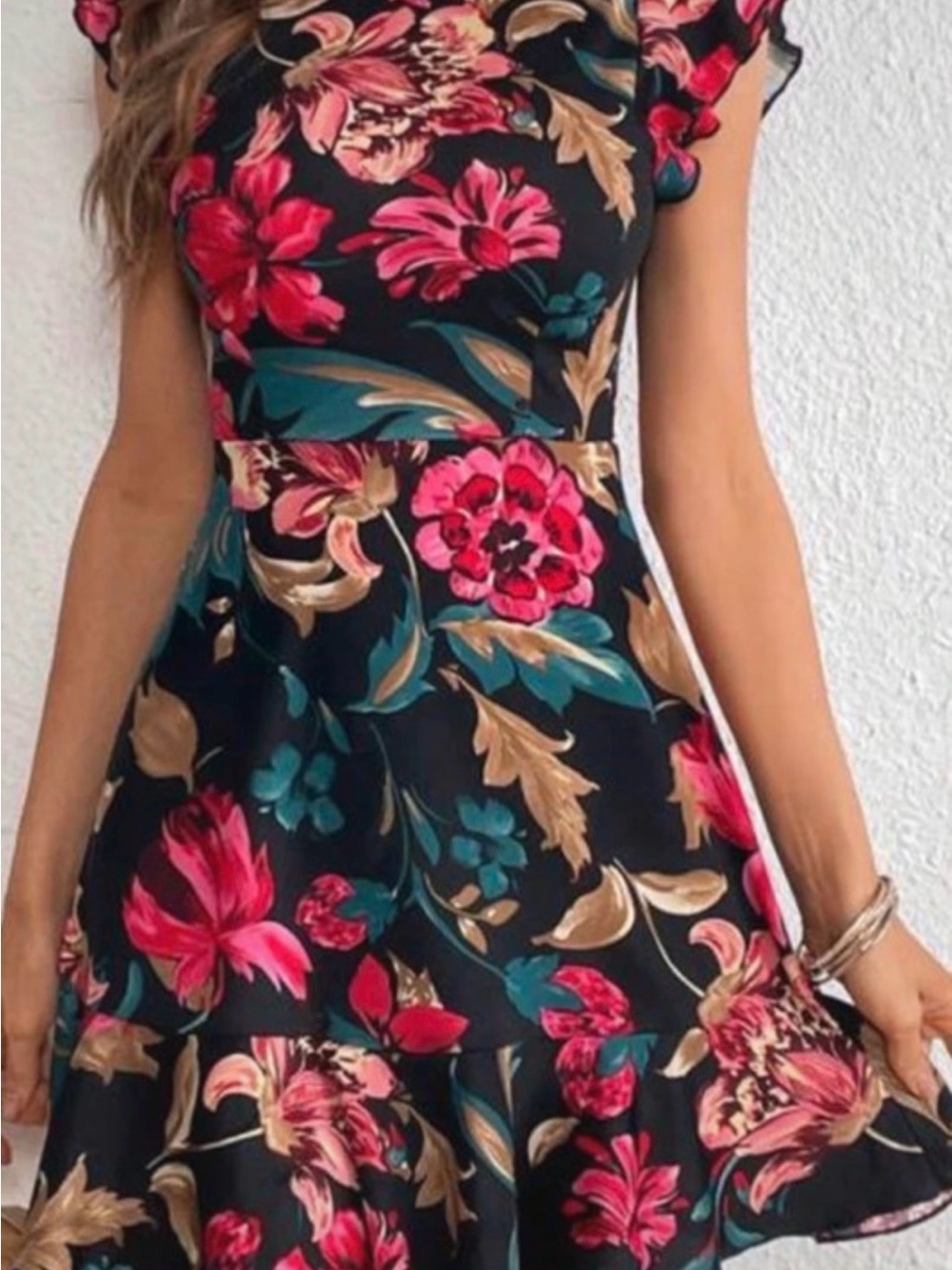 Black Floral Fit & Flare Dress with Pink Flowers